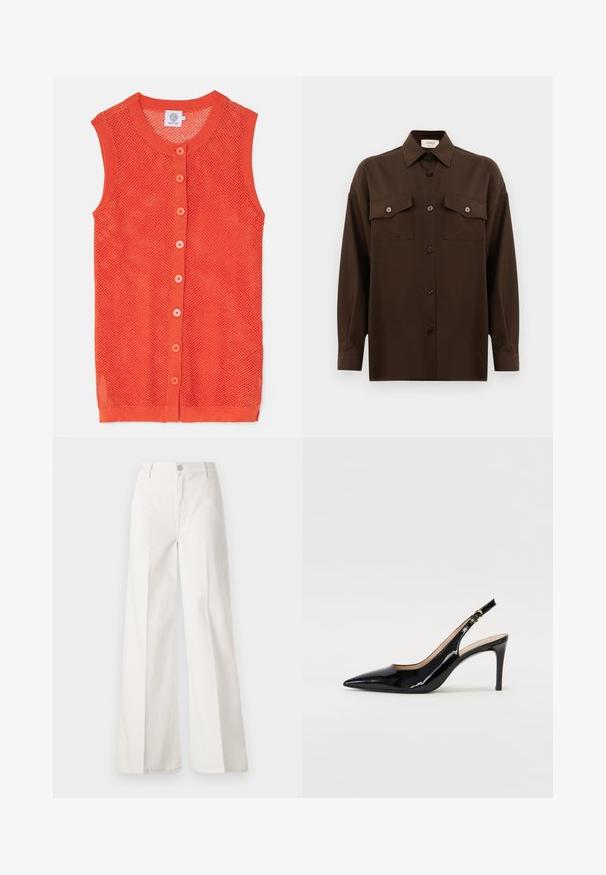 Colete tricotado sem mangas laranja com um design de rede, apresentando um decote redondo e seis botões contrastantes na parte da frente.; Camisa de botões de manga longa castanho-escuro, com dois bolsos de aba no peito e um colarinho clássico, apresentada contra um fundo branco liso.; Calças largas brancas feitas de algodão com uma textura suave. Apresenta um botão frontal, fecho de correr e um design de quatro bolsos.; Sandal com salto em verniz preto, bico fino, salto esguio e um design de recorte subtil. Apresenta uma fivela dourada na alça.