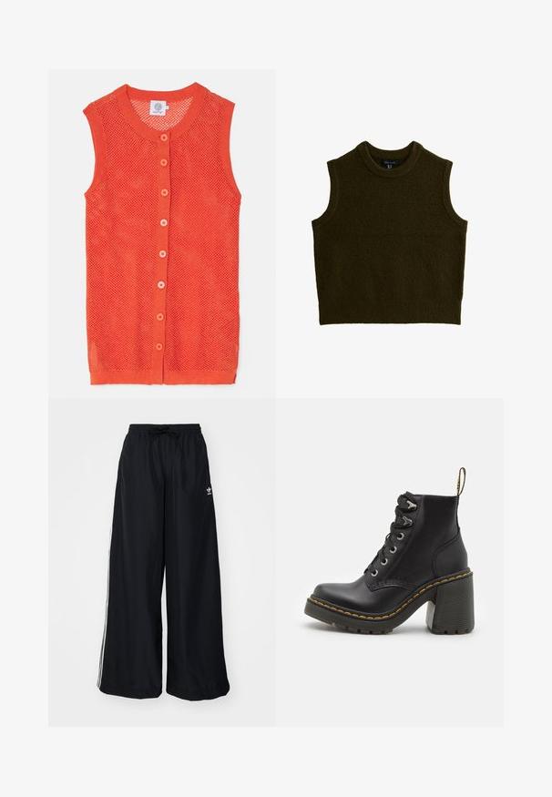 Chaleco de punto sin mangas en color naranja con un diseño de malla, que cuenta con un escote redondo y seis botones en contraste en la parte delantera.; Suéter de punto sin mangas en verde oscuro con cuello redondo, textura suave y bordes acanalados, que presenta un corte relajado y sin patrones visibles.; Pantalones anchos negros hechos de tejido ligero. Cuenta con una cintura elástica con cordón y rayas laterales blancas. Logo de la marca en la cadera.; Botín de cuero negro con tacón alto grueso, parte delantera con cordones, ojales de metal y costura amarilla a lo largo de la suela. Suela exterior de goma texturizada.