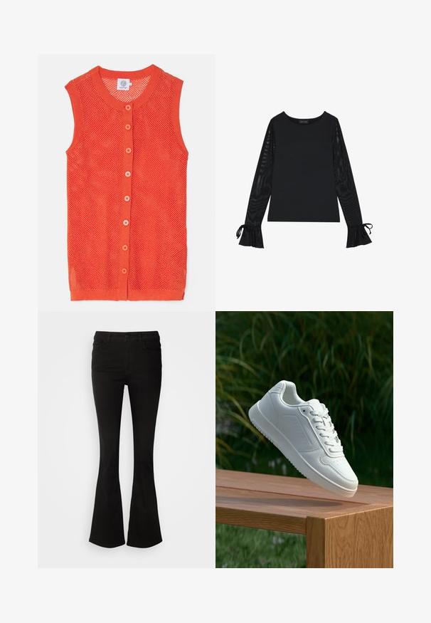 Orange, ärmellose Strickweste mit einem Netzdesign, runder Ausschnitt und sechs kontrastierenden Knöpfen auf der Vorderseite.; Schwarzes Oberteil mit festem Oberkörper und durchsichtigen, ausladenden Ärmeln. Verfügt über Schleifenakzente an den Bündchen. Hergestellt aus glattem Stoff mit einer taillierten Passform.; Schwarze, ausgestellte Hose aus Stretchmaterial, mit einem Bund mit Gürtelschlaufen und Fronttaschen, glatter Textur und taillierter Passform bis zum Knie.; Weiße Sneaker mit einem glatten, synthetischen Obermaterial, perforierter Zehenbox, flachen Schnürsenkeln und einer strukturierten Sohle, präsentiert auf einer Holzoberfläche.