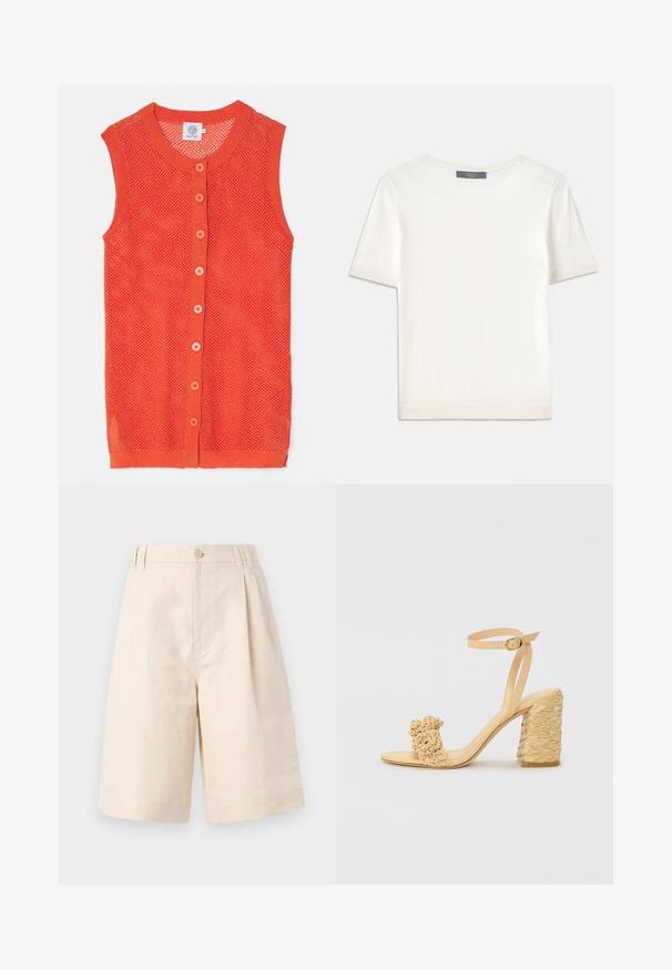 Pomarańczowa, bezrękawnikowa kamizelka dzianinowa z siateczkowym wzorem, z okrągłym dekoltem i sześcioma kontrastującymi guziczkami z przodu.; Biała krótki rękaw dzianinowa bluzka z okrągłym dekoltem, charakteryzująca się gładką teksturą i subtelnymi prążkowanymi akcentami na rękawach oraz u dołu.; Beżowe lniane szorty o luźnym kroju, z zapięciem na guzik, plisowanym designie i długości sięgającej kolan. Gładka tekstura i prosty styl.; Beżowe sandały na wysokim obcasie o plecionym wzorze, z dekoracyjnym kwiatem i paskiem na kostkę. Kwadratowy obcas zwiększa stabilność.