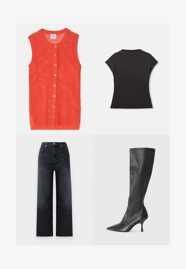 Oranžová, bezrukávová pletená vesta s sieťovaným dizajnom, s okrúhlym výstrihom a šiestimi kontrastnými gombíkmi pozdĺž prednej časti.; Čierny krátky rukáv top s vysokým výstrihom a voľným strihom. Vyrobený z mäkkej tkaniny s hladkou textúrou. Žiadne viditeľné vzory ani grafiky.; Široké nohavice v tmavom denime s vysokým pásom, so subtílnym vyblednutím, rozstrapkaným lemom a klasickým dizajnom s piatimi vreckami.; Čierne kožené čižmy do výšky kolien s špicatou špičkou a úzkym stiletto podpätkom. Hladká textúra s priliehavým dizajnom a prešitím na vrchnom okraji.