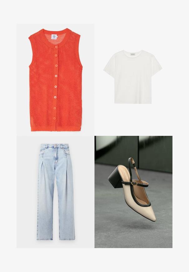 Oranje, mouwloze gebreide vest met een gaasontwerp, voorzien van een ronde halslijn en zes contrasterende knopen aan de voorkant.; Witte T-shirt met korte mouwen, gemaakt van zachte katoen. Heeft een ronde halslijn en een relaxte pasvorm. Schoon ontwerp zonder zichtbare patronen of accenten.; Lichtblauwe denim jeans met een hoge taille, wijde pijpen, twee zijzakken en geplooid ontwerp. Zachte textuur met een vervaagd uiterlijk.; Beige puntige slingback schoen met zwarte rand, gouden gesp en een chunky blokhak op een grijze vloer met een donker groene achtergrond.