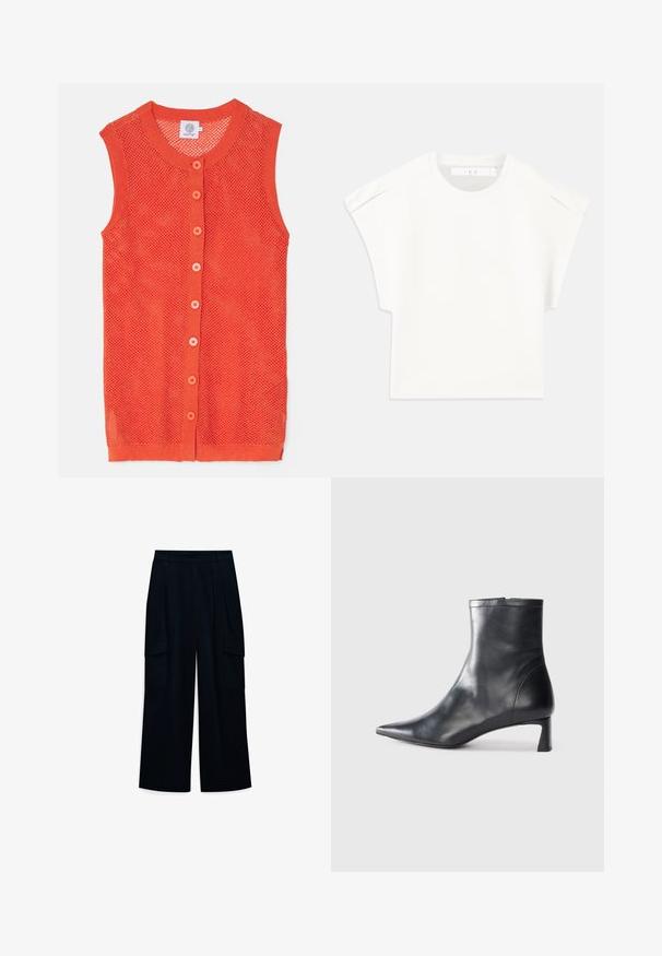 Oranžinė be rankovių megzta liemenė su tinklo dizainu, apvaliu iškirpimu ir šešiais kontrastingais mygtukais priekyje.; Balta kvadratinė marškinė su trumpomis rankovėmis. Pagaminti iš lygaus audinio, turi apvalią iškirptę ir subtilias pečių akcentus. Paprastas dizainas.; Plati kojinės, aukšti juosmeniu, tamsiai mėlynos spalvos audinio. Su klostėmis ir dviem šoninėmis kargo kišenėmis. Lygi tekstūra su tvarkingu dizainu.; Juodas odinis kulkšninis batas su smailiu pirštu ir elegantišku dizainu. Turi žemą kulną ir užtrauktuką gale. Lygi tekstūra.