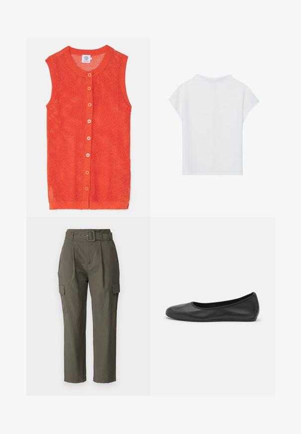 Oranžna, brezrokavna pletena brezrokavnik z mrežastim vzorcem, z okroglo ovratnikom in šestimi kontrastnimi gumbi spredaj.; Bela majica s kratkimi rokavi, ki ima sproščen kroj, lahkoten material in okrogel izrez. Zadnji pogled prikazuje gladko, preprosto zasnovo.; Cargo hlače v olivno zeleni barvi, izdelane iz lahkotnega materiala. Značilnosti vključujejo pas z obročkom, sprednje gube in stranske žepe s pokrovčki.; Črne usnjene balerinke z zaobljenim nosom, gladko teksturo, minimalnimi šivi in fleksibilno zasnovo podplata.