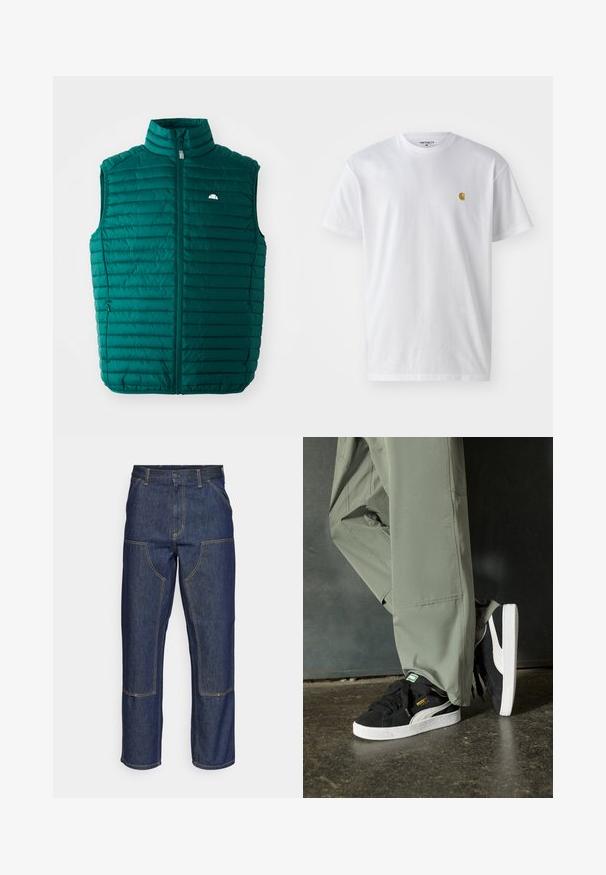 Teal värvi puff-jakk kõrge kraega, lukk ees ja horisontaalne tikand. Omab väikest valget logo vasakul ülal.; Valge puuvillane t-särk lühikeste varrukatega, ümmargune kaelus, millel on väike kuldne logo vasakul rinnal. Pehme tekstuur ja regulaarne lõike.; Tumedast sinisest denimmaterjalist teksad kõrge talje, sirge sääre disainiga, kontrastsete õmblustega ning ees taskud plaastritega.; Mustad nubukist spordijalatsid valgete kummist tallade ja külgriidega, koos heleda rohelise cargo-pükstega, seistes tekstureeritud tumedal pinnasel.