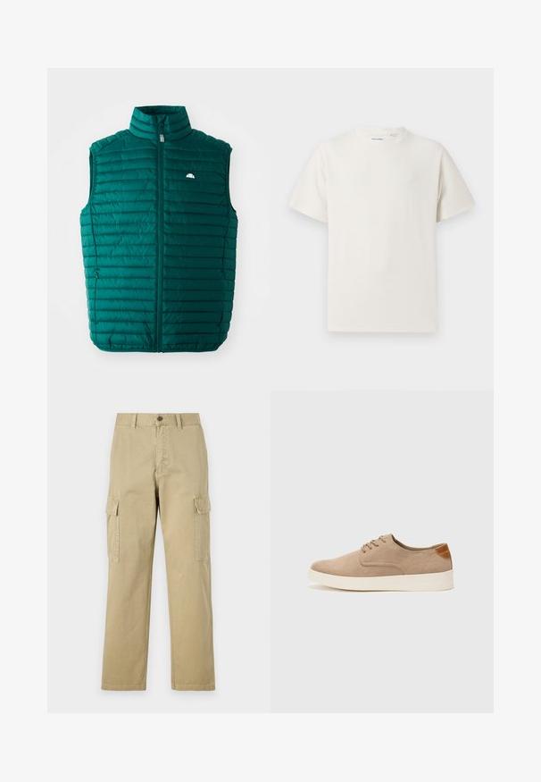 Colete puffer teal com gola alta, fecho em zíper à frente e design acolchoado horizontal. Apresenta um pequeno logo branco no canto superior esquerdo.; T-shirt branco de manga curta em textura canelada. Gola redonda, ajuste descontraído, sem padrões ou detalhes visíveis. Design simples e versátil.; Calças cargo bege feitas de algodão, com dois bolsos laterais, fecho de botão e pernas retas com um tecido ligeiramente texturizado.; Sapatilhas de camurça bege com bico arredondado, fecho de atacadores na parte da frente e um detalhe texturizado na parte de trás. A sola de borracha branca proporciona contraste. Design simples e moderno.