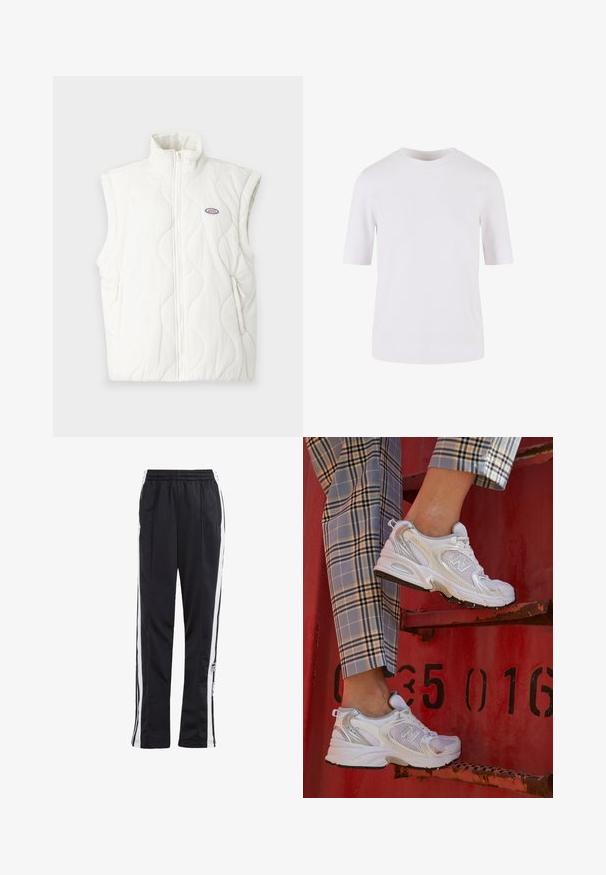 Vit vadderad väst med hög krage, framdragkedja och två sidofickor. Har ett litet logopatch på vänster bröstområde.; Vit T-shirt med kort ärm gjord av mjuk bomull. Har rund halsringning och en rak passform, utan mönster eller dekorationer.; Svarta träningbyxor med vita sidostripes, elastisk midja och en logopatch. Tillverkade av ett smidigt, lätt tyg. Rakt ben-design.; Vita nät-sneakers med silverdetaljer och en texturerad sula, placerade på en röd yta, tillsammans med rutiga byxor.