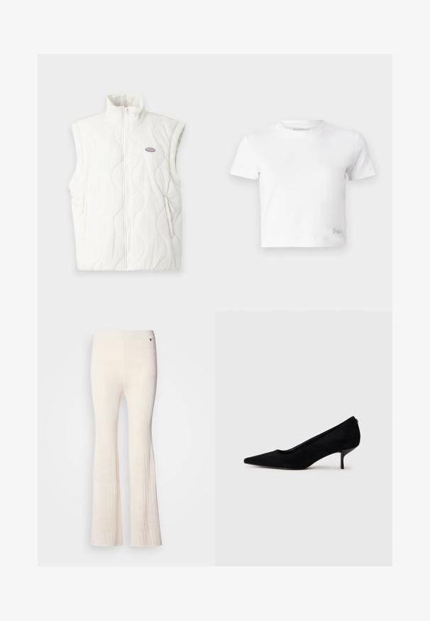Bela prešita usnjena brezrokavnik z visokim ovratnikom, sprednjim zadrgo in dvema stranskima žepoma. Ima majhen logotip na levem predelu prsnega koša.; Bela skrajšana majica iz gladkega bombaža, z visokim ovratnikom in kratkimi rokavi. Majhen vezen logotip v spodnjem kotu.; Ribane, krema barve pletene hlače s širjenjem na dnu in strukturiranim čipkastim vzorcem na spodnjem robu. Mehka tkanina z oprijetim pasom.; Črne semiš visoke pete z običajem in tankim, nizkim petom. Gladka tekstura s elegantnim dizajnom, brez vidnih kovinskih delov.