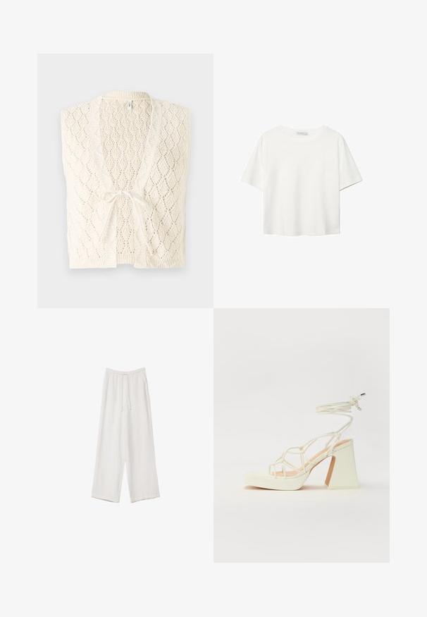 Gilet lavorato a maglia in bianco sporco con un motivo a diamante. Presenta un scollo a V, apertura frontale e chiusura con laccetto. Leggero e con una texture raffinata.; T-shirt bianco a maniche corte realizzato in cotone. Presenta un collo tondo e una vestibilità rilassata. Texture liscia senza motivi o dettagli visibili.; Pantaloni a gamba larga bianchi realizzati in un tessuto leggero. Presentano una vita elastica con cordoncino e tasche laterali. Texture liscia.; Sandalo bianco con tacco alto, caratterizzato da un design a cinturini e un legaccio alla caviglia. Texture liscia con una piattaforma frontale per un'altezza aggiuntiva.
