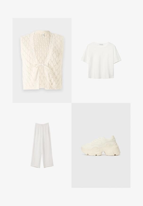 Sweterek w kolorze kremowym z wzorem w diamenty. Posiada dekolt w serek, otwarty przód oraz zapięcie na sznurek. Lekki i teksturowany.; Biała koszulka z krótkim rękawem, wykonana z bawełny. Posiada okrągły dekolt i luźny krój. Gładka faktura bez widocznych wzorów czy akcentów.; Białe spodnie o szerokich nogawkach wykonane z lekkiego materiału. Posiadają elastyczny pas z sznurkiem i boczne kieszenie. Gładka tekstura.; Podeszwa chunky białych sneakersów wykonana z teksturowanej siateczki i materiałów syntetycznych, z grubą podeszwą i skomplikowanymi detalami wzoru po bokach.