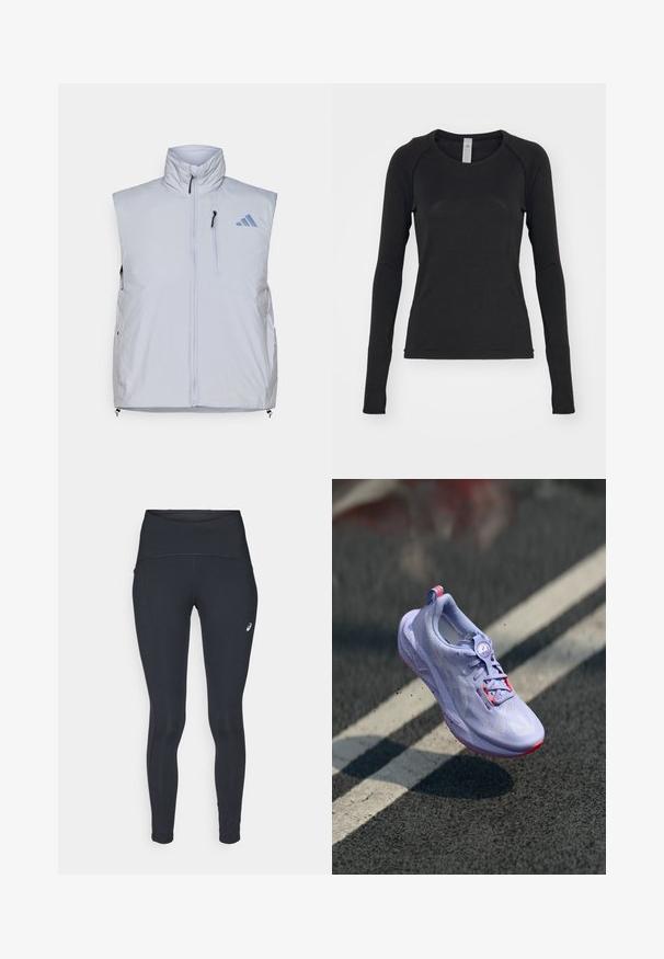 Jasnoszara kamizelka bez rękawów z wysokim kołnierzem, z przodu na zamek błyskawiczny, kieszenią na lewej piersi oraz czarnymi uchwytami zamka; na prawym ramieniu znajduje się niebieskie logo.; Czarna koszula z długim rękawem, wykonana z miękkiego materiału. Posiada okrągły dekolt oraz rękawy raglanowe z otworami na kciuki przy mankietach. Minimalistyczny design.; ASICS ROAD czarny; Jasnofioletowy but do biegania z teksturowaną cholewką, różowymi akcentami, okrągłym mechanizmem sznurowania i nakropkowaną podeszwą, uniesiony nad tle chodnika.