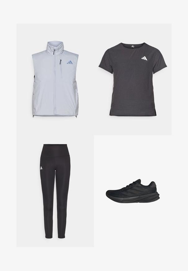 Vaaleanharmaa hihaton liivi, jossa on korkea kaulus, etuvetoketju, vasemmassa rinnassa tasku ja mustat vetoketjun vedot; oikeassa hartiassa sininen logo.; Lyhythihainen urheilupaita, tummanharmaa, jossa on reikäkudot. Ominaisuuksina valkoinen logo ja kontrastiväriset sivusuunnat. Pyöreä pääntie.; Musta korkeavyötäröinen legginssit joustavasta kankaasta. Vasemmalla puolella valkoinen logo ja tyylikäs, saumaton muotoilu. Silkkinen pinta.; Mustat urheilukengät, joissa on verkkopinta, virtaviivainen muoto, litteä pohja ja kolme vinoa raitaa sivussa. Kevyt muotoilu mukavuutta varten.