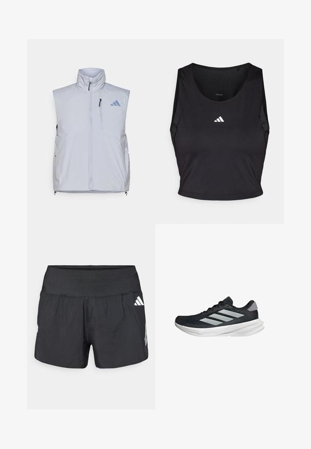 Vaaleanharmaa hihaton liivi, jossa on korkea kaulus, etuvetoketju, vasemmassa rinnassa tasku ja mustat vetoketjun vedot; oikeassa hartiassa sininen logo.; Musta urheilu crop-top, joka on valmistettu kosteutta siirtävästä kankaasta. Siinä on pyöreä kaula-aukko, hihaton malli ja valkoinen logo rinnassa.; Musta urheilushortsit, joissa on leveä joustava vyötärönauha, kevyt kangas ja valkoiset logokoristeet alaosassa sivulla.; Musta juoksukenkä, jossa on verkko-osa ylhäällä, kolme hopeista raitaa, valkoinen välipohja ja teksturoitu pohja. Varustettu pehmustetulla nilkkaremmeillä ja nauhakiinnityksellä.