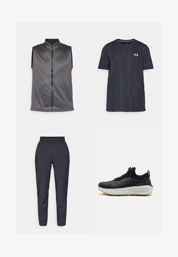 Gray sleeveless vest made of soft, textured fabric. Features a front zipper and a high collar. Simple design without additional accents.; Dark navy short-sleeve t-shirt made of breathable fabric, featuring a textured pattern and a white Under Armour logo on the chest.; Navy tapered pants made of soft fabric, featuring an elastic waistband, side pockets, and a smooth texture with subtle stitching details.; Black athletic shoe with a textured upper, sock-like collar, gray laces, and a white midsole featuring a patterned design and gum outsole.
