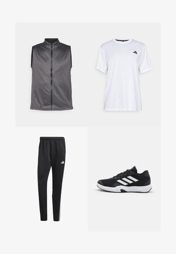 Sivi prsluk bez rukava napravljen od mekog, teksturiranog materijala. Ima prednji zip i visoki ovratnik. Jednostavan dizajn bez dodatnih akcenta.; Bijela atletska majica kratkih rukava, napravljena od tkanine koja upija vlagu. Ima crni logo na lijevoj strani prsiju i uzorčeni unutarnji obrub dekoltea.; Crne atletske hlače s rastezljivim pojasom, bijelim bočnim trakama i malim bijelim logom na bedru. Izrađene su od glatkog, laganog materijala.; Crne atletske cipele s teksturiranim mrežastim gornjim dijelom, bijelim naglasnim trakama, podstavljenim potplatom i ojačanim petom za podršku.