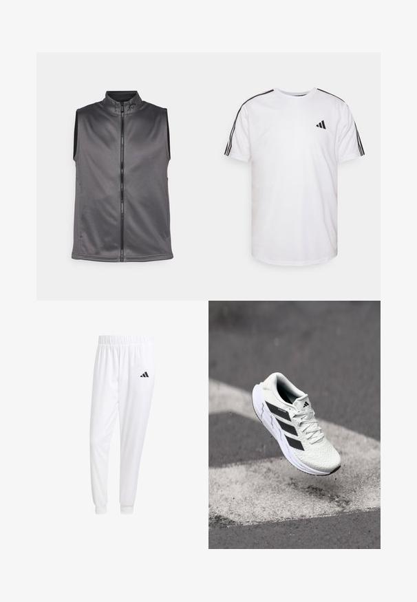 Colete cinza sem mangas feito de um tecido suave e texturizado. Apresenta um fecho frontal com zip e uma gola alta. Design simples sem acentos adicionais.; T-shirt branca em algodão com decote redondo, mangas curtas e detalhes em preto de três riscas nos ombros; apresenta um pequeno logo em preto.; Calças esportivas brancas feitas de tecido suave, com uma cintura elástica e punhos ajustados, apresentando um logo preto no bolso de trás.; Shoe atlético branco com parte superior em malha texturizada, riscas pretas, fecho de atacadores e sola almofadada, a flutuar acima de uma superfície de estrada marcada.