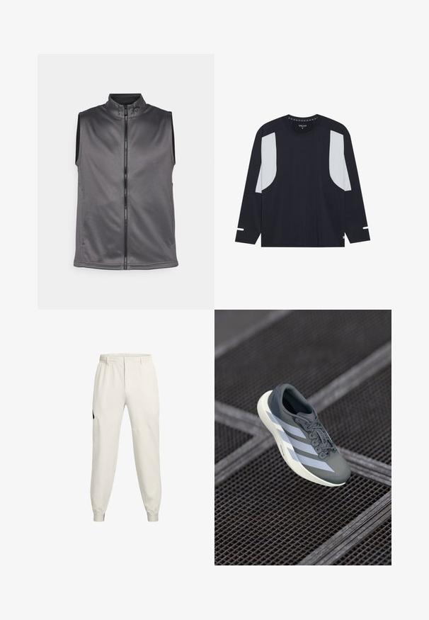 Gray sleeveless vest made of soft, textured fabric. Features a front zipper and a high collar. Simple design without additional accents.; Long-sleeve athletic shirt in navy with light gray mesh panels on shoulders, crew neck, and subtle white accents on sleeves. Soft, breathable fabric.; Light beige jogger pants with an elastic waistband, side pockets, and ribbed cuffs; feature a black logo accent on the left hip.; Sport shoe in gray and white, made of synthetic material, with a streamlined design, textured finish, and prominent lacing system.