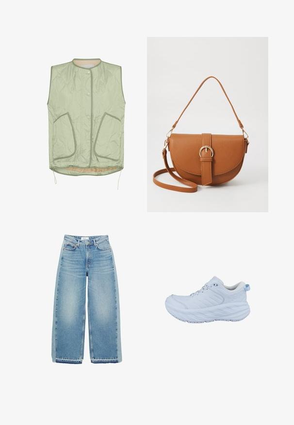 Hellgrüne gesteppte Weste mit rundem Halsausschnitt, Druckknöpfen, zwei Vordertaschen und einem Kordelzug am Saum. Glatte Textur mit beigem Futter.; Marineblaues T-Shirt mit kurzen Ärmeln und weißem Blumenmotiv sowie Texten wie "Das Blumenarchiv", "Die Evermist Gartengesellschaft" und "Wild Flora Co."; Helleblaue, weit geschnittene Jeans aus Denim, mit hoher Taille, Knopfverschluss, Vordertaschen und rohem Saum.; Weiße Sportschuh mit strukturiertem Obermaterial, gepolsterter Knöchelpartie und dicker Sohle mit wellenförmigem Profil. Enthält ein zurückhaltendes Logo-Detail an der Seite.; Braune Leder-Crossbody-Tasche mit geschwungener Form, goldfarbenen Beschlägen und einer Schnallenakzentuierung. Verfügt über einen abnehmbaren Schultergurt.