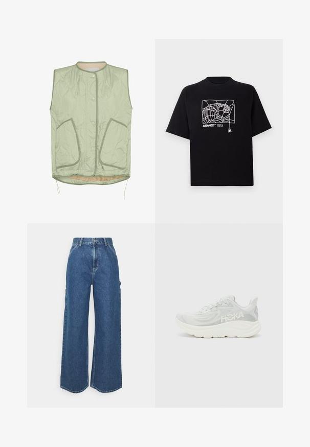 Jasnozielona pikowana kamizelka z okrągłym dekoltem, zapięciem na napy, dwoma przednimi kieszeniami i ściągaczem na dole. Gładka faktura z beżowym podbiciem.; Czarna koszulka z krótkim rękawem wykonana z bawełny. Na przodzie znajduje się biały nadruk w kształcie pajęczyny oraz logo. Prosty, zaokrąglony dekolt.; Szerokie niebieskie dżinsowe spodnie z wysokim stanem, kontrastowymi szwami i bocznymi kieszeniami, z klasycznym pięciokieszeniowym wzorem i surowymi brzegami.; Lekki but biegowy w białej i jasnoszarej siateczce, z grubą, amortyzującą podeszwą i logo z boku. Minimalistyczny design z teksturowanym materiałem.