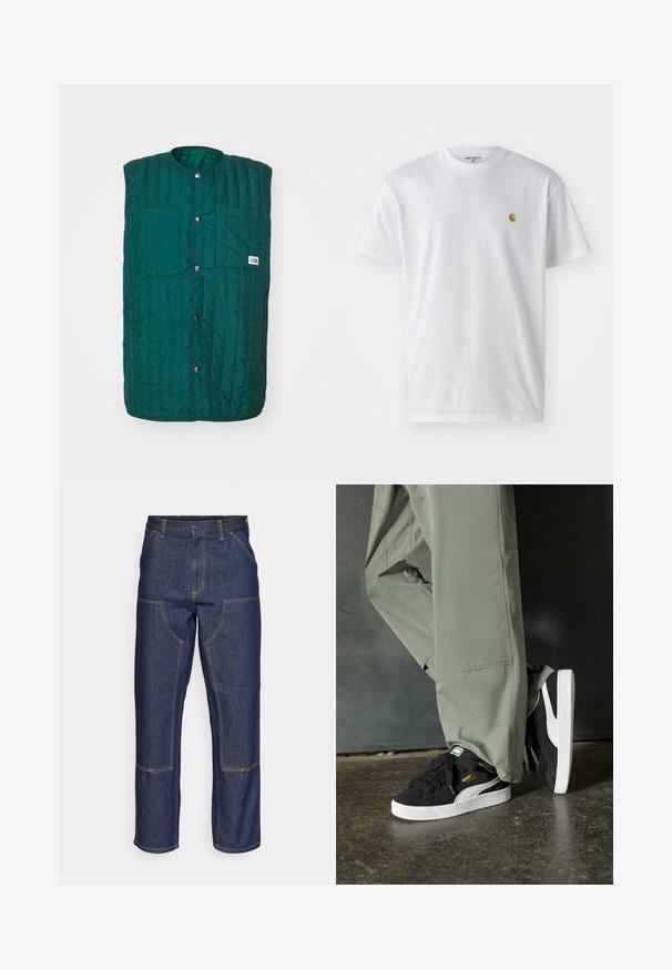 Zaļš griezts veste ar apaļu kaklu, priekšējiem snap pogām un divām vertikālām krūšu kabatām. Teksturēta auduma ar šūtām līnijām un logotipa etiķeti.; Balta kokvilnas t-kreklu ar īsām piedurknēm, apaļu kakla izgriezumu, ar mazu zelta logotipu kreisajā krūšu pusē. Mīksta tekstūra un regulāra piegriezuma.; Tumši zili džinsi ar augstu jostasvietu, taisnu kāju dizainu, kontrastējošām šuvēm un kabatām priekšā.; Melnas zamšādas sporta kurpes ar baltām gumijas zole un sānu svītrām, saskaņotas ar gaiši zaļām cargo biksēm, stāvot uz teksturētas tumšas virsmas.