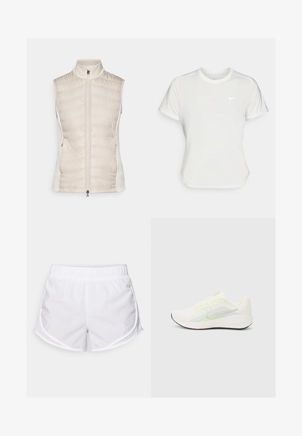 Beige sleeveless vest featuring a quilted texture on the front, smooth sides, high collar, and front zipper with a small pull tab.; Nike T-shirt in white, short sleeves, round neckline, made from a smooth, lightweight fabric. Features a subtle logo on the chest.; White athletic shorts made of lightweight, breathable fabric. Features an elastic waistband and mesh side panels, with a small blue logo accent.; Nike Performance DOWNSHIFTER 13 - Road running shoes - sail/silver-coloured photon dust/summit white/barely volt/black