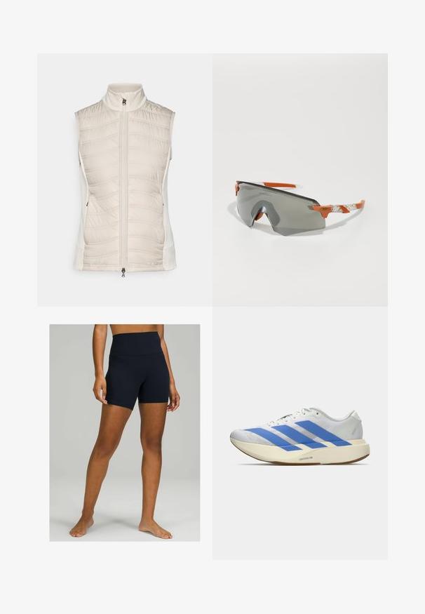 Bežinė be rankovių liemenė, turinti siuvinėtą tekstūrą priekyje, lygius šonus, aukštą apykaklę ir priekinį užtrauktuką su mažu traukimo elementu.; Baltas sportinis trumpas tank topas, pagamintas iš kvėpuojančios medžiagos. Turi apvalų iškirpimą, perforuotą tekstūrą ir juodą logotipą priekyje.; Juodos aukštai smarkios šortai, pagaminti iš tamprios medžiagos, su lygiu paviršiumi ir aptemptu dizainu, kuris baigiasi vidury šlaunies.; Balti sportiniai batai su mėlynomis juostelėmis, tekstūruota viršutinė dalis, plokščias padas ir „LIGHTSTRIKE PRO“ prekės ženklas šone. Žemas profilis.; Sportiniai akiniai nuo saulės su pilku lęšiu, oranžinėmis detalėmis ir raštuotomis baltomis kojelėmis. Sukurta našumui, su apvalia forma.