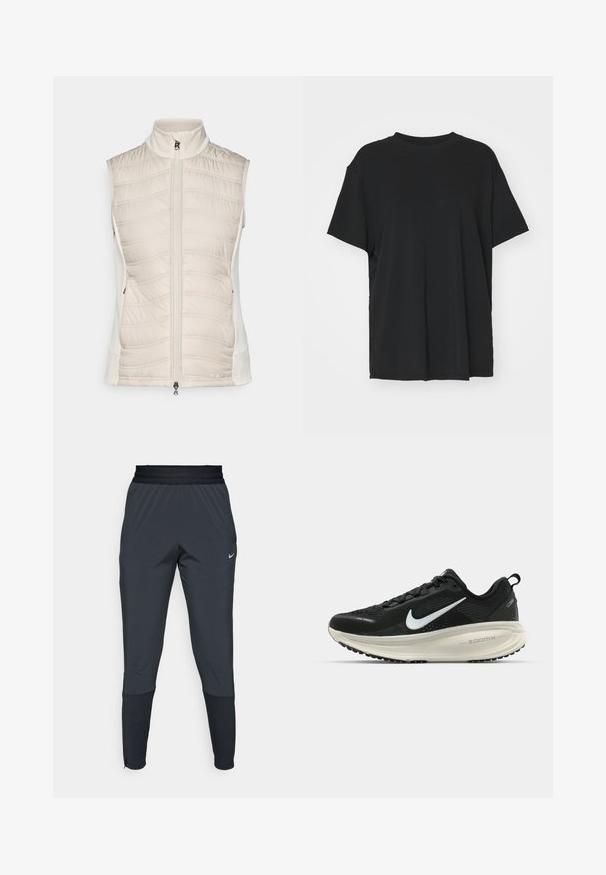 Beige ärmellose Weste mit gestepptem Muster auf der Vorderseite, glatten Seiten, hohem Kragen und Frontreißverschluss mit einem kleinen Ziehlappen.; Schwarzes T-Shirt mit kurzen Ärmeln aus glattem Stoff, mit Rundhalsausschnitt und lockerer Passform. Verfügt über seitliche Schlitze für zusätzlichen Komfort und Atmungsaktivität.; Dunkle graue Nike Sporthosen mit einem schmal zulaufenden Bein-Design, elastischem Bund und Akzentdetails in der Nähe der Bündchen.; Schwarzer Nike-Laufschuh mit atmungsaktivem Mesh-Obermaterial, weißem Swoosh-Logo, strukturierten Details und einer cremefarbenen ZoomX-Zwischensohle.