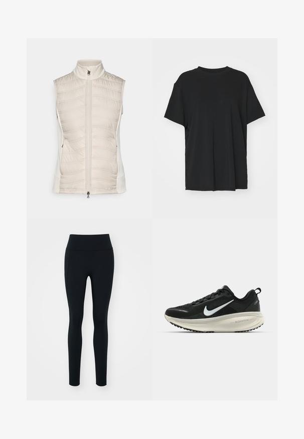 Beige ärmellose Weste mit gestepptem Muster auf der Vorderseite, glatten Seiten, hohem Kragen und Frontreißverschluss mit einem kleinen Ziehlappen.; Schwarzes T-Shirt mit kurzen Ärmeln aus glattem Stoff, mit Rundhalsausschnitt und lockerer Passform. Verfügt über seitliche Schlitze für zusätzlichen Komfort und Atmungsaktivität.; Schwarze Leggings aus dehnbarem Material mit hohem Bund. Glatte Textur, taillierte Passform und keine sichtbaren Verzierungen oder Muster.; Schwarzer Nike-Laufschuh mit atmungsaktivem Mesh-Obermaterial, weißem Swoosh-Logo, strukturierten Details und einer cremefarbenen ZoomX-Zwischensohle.