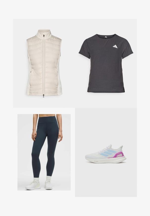 Bež prsluk bez rukava s kviltanom teksturom sprijeda, glatkim bočnim dijelovima, visokim ovratnikom i prednjim patent zatvaračem s malim oduškom.; Majica kratkih rukava za sport, tamno siva s perforiranim uzorkom. Ima bijeli logo i kontrastne bočne pruge. Zaobljeni izrez.; Hulahup s visokim strukom, tamnoplave boje, izrađen od rastezljivog, glatkog materijala s ravnim šavovima i bez vidljivih džepova, uparen s bijelim sportskim tenisicama.; adidas Performance PUREBOOST 5 - Tenisice za cestovno trčanje - white/glow blue/purple burst