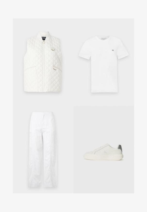 Colete acolchoado branco com gola alta, fecho de correr à frente e dois bolsos laterais. Apresenta um logótipo com destaque em dourado e detalhes em hardware em anel.; T-shirt de algodão branco com mangas curtas e gola redonda. Apresenta um pequeno logótipo preto "ck" no lado esquerdo do peito. Textura suave.; Calças brancas de perna larga feitas de um tecido leve, com uma textura suave, linhas limpas e um design de cintura alta.; Sapatilha branca feita de couro com textura suave, apresentando um detalhe em prateado no calcanhar, sola plana e design minimalista.