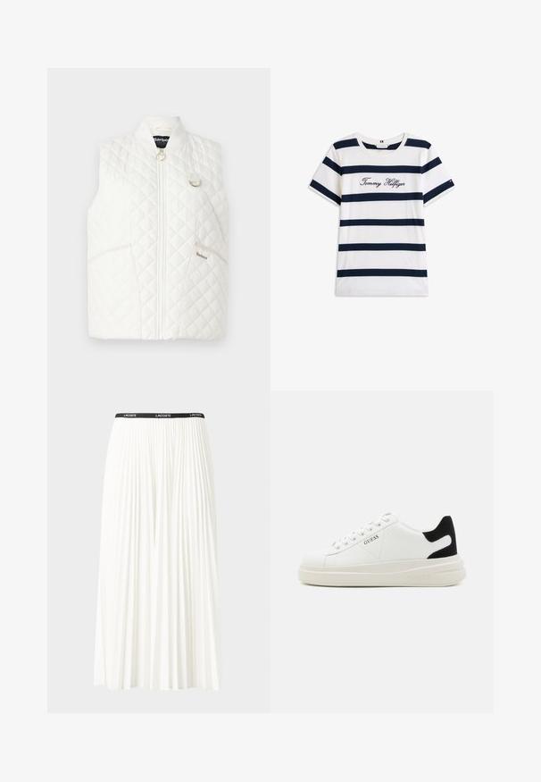 Biała pikowana kamizelka z wysokim kołnierzem, zamkiem błyskawicznym z przodu i dwoma bocznymi kieszeniami. Posiada złote akcenty w postaci logo i detali z kółkiem.; Bawełniana koszulka z poziomymi granatowymi paskami na białym tle. "Tommy Hilfiger" wyszyte kursywą na klatce piersiowej. Okrągły dekolt.; Plisowana biała spódnica z czarnym elastycznym pasem z logo "LACOSTE". Średniej długości, o miękkiej teksturze.; Białe skórzane sneakersy z grubą białą podeszwą, czarnym zamszowym akcentem na pięcie oraz wytłoczonym logotypem z boku. Projekt z sznurówkami i sześcioma dziurkami.