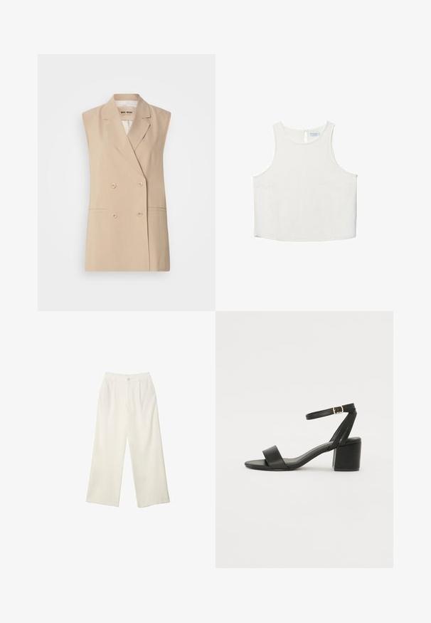 Béžový bezrukávový blázer s dvojitým zapínaním, klopami, dvoma prednými vreckami a gombíkovými detailmi. Vyrobený z hladkej látky.; Biele bezrukávové tričko s okrúhlym výstrihom, ktoré má jemnú textúru, detail s kľúčovou dierkou na chrbte a rovný lem.; Široké nohavice z krémovej látky s hladkou textúrou, s jedným predným gombíkom, jemnými skladmi a vysokým pásom.; Čierne sandále na podpätku so hladkým koženým vrchom, otvorenou špičkou, širokými prednými prúžkami a nastaviteľným členkovým popruhom so zlatým prackom.