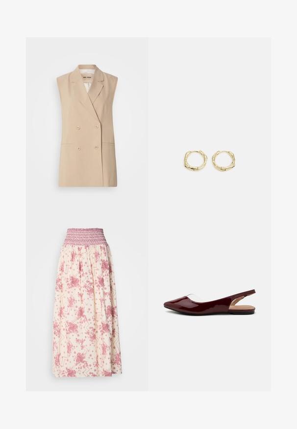 Béžový bezrukávový blazer s dvojitým zapínáním, klopami, dvěma předními kapsami a knoflíkovými detaily. Vyrobeno z hladké látky.; Černý tílko vyrobené z žebrované látky. Disponuje kulatým výstřihem a širokými průramky. Rovný lem s prošitím. Jednoduchý design.; Maxi sukně v krémové barvě s růžovými květinovými a geometrickými vzory. Má smockovaný pas pro nastavitelné nošení, vyrobena z lehkého materiálu.; Burgundy lakované slingback baleríny s špičatou špičkou, průhledným výřezem a plochou černou podrážkou. Hladký povrch, minimalistický design.; Zlaté kruhové náušnice s texturovaným, nepravidelným tvarem. Disponují bezproblémovým uzávěrem a leštěným povrchem, což zdůrazňuje moderní design.