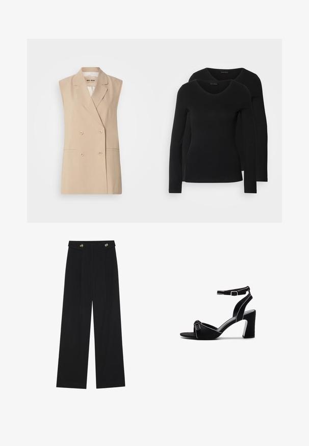 Beige ilma varrukat bleiser, topelt rinnaga disain, krae ning kaks eesmist Taskut ja nööbid. Valmistatud siledast kangast.; Kaks musta pika varrukaga särk, millel on V-kaelus ja mis on valmistatud pehmest ja venivast kangast, millel on sile tekstuur ja sobiv kuju.; Mustad laiad püksid kõrge vöökoha ja nööpdetailidega vööandil, esikortsudega.; Mustad nubukist kontsad mustade sandaalide avatud varvastega disain, laia ploki kontsaga ja reguleeritava pahkluu rihmaga, millel on kontrastne õmbluste detail.