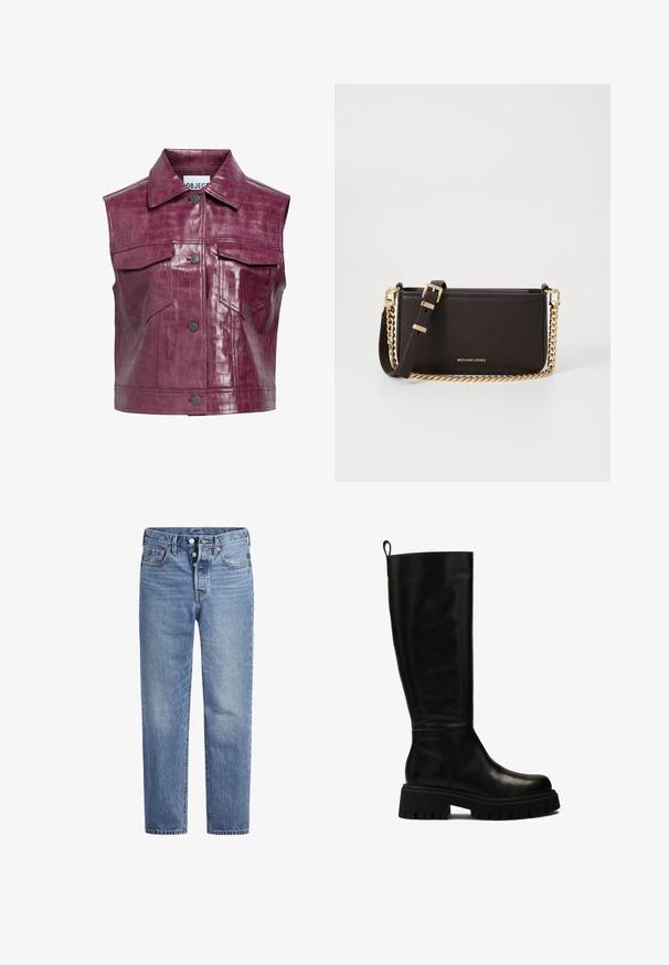 Chaleco de imitación de piel burdeos con textura de cocodrilo, que cuenta con un collar en punta, botones a presión en el frente y dos bolsillos en el pecho.; Cárdigan de punto azul marino con un patrón de cables, puños y dobladillo acanalados, seis botones y un pequeño logo rojo en el pecho izquierdo.; Camisa blanca de botones con mangas largas, cuello estructurado y dobladillo redondeado. Hecha de una tela lisa y sólida sin patrones ni acentos visibles.; Jeans de mezclilla azul claros con corte recto, diseño de cinco bolsillos y cierre de botón. Presentan un ligero desvanecimiento y acentos de costura en naranja.; Botas de cuero negras hasta la rodilla con un diseño elegante, punta redondeada y suela de goma gruesa con profundas ranuras y una lengüeta en la parte superior.; MICHAEL Michael Kors BRYANT SM XBODY POUCHETTE - Bandolera - chocolate