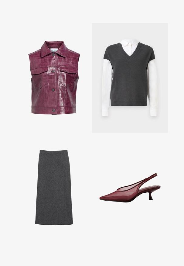 Gilet en simili cuir bourgogne avec une texture crocodile, doté d'un col pointu, de boutons-pression à l'avant et de deux poches poitrine.; Pull en maille gris foncé avec un décolleté en V, présentant des manches courtes au-dessus d'une chemise blanche à col. La texture est côtelée, avec un aspect superposé.; Jupe maxi en laine gris avec une coupe droite et une taille élastique, offrant une texture douce et une finition lisse. Pas de motifs ni d'accents visibles.; Escarpins bordeaux à talon ouvert avec un bout pointu et une tige en maille. Ils présentent un talon fin et un design découpé, offrant une silhouette élégante.