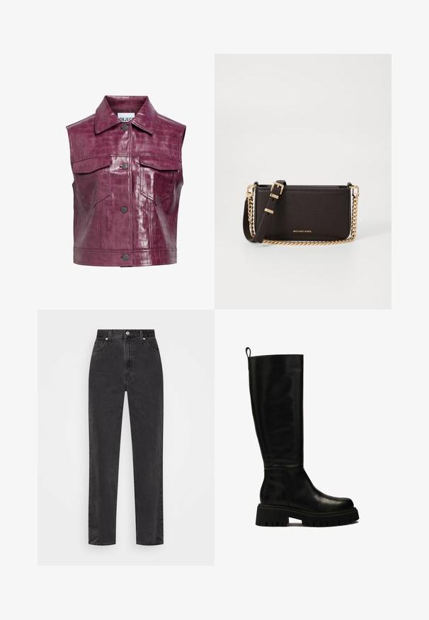 Gilet in ecopelle bordeaux con texture a coccodrillo, dotato di colletto a punta, bottoni a scatto frontali e due tasche sul petto.; Camicia bianca con bottoni, maniche lunghe, colletto strutturato e orlo arrotondato. Realizzata in un tessuto liscio e uniforme, senza motivi visibili o dettagli.; Jeans in denim nero a gamba dritta con vita alta, bottone e cerniera frontali, e cinque tasche su uno sfondo bianco.; Stivali in pelle neri al ginocchio con un design elegante, punta rotonda e suola in gomma spessa con profonde scanalature e una linguetta nella parte superiore.; MICHAEL Michael Kors BRYANT SM XBODY POUCHETTE - Borsa a tracolla - chocolate