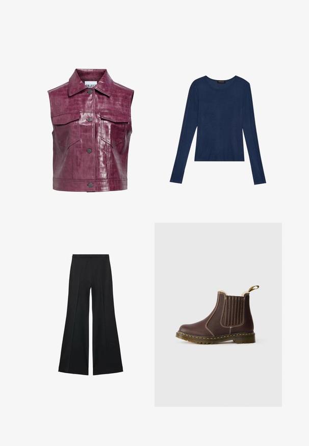 Burgunderfarbener Faux-Leder-Weste mit Krokodilstruktur, ausgestattet mit einem spitzen Kragen, vorderen Druckknöpfen und zwei Brusttaschen.; Marineblaues Langarmshirt aus weichem Material, mit Rundhalsausschnitt und flachen Nähten an den Ärmeln, in lockerer Passform.; Schwarze weit geschnittene Hose mit glatter Textur, ausgestattet mit Frontfalten und einem taillierten Design. Der Stoff ist leicht und fließend.; Braune Leder-Chelsea-Boots mit gelben Nähten, elastischen Seitenteilen, Fellfutter und durchsichtiger Gummisohle auf weißem Hintergrund.