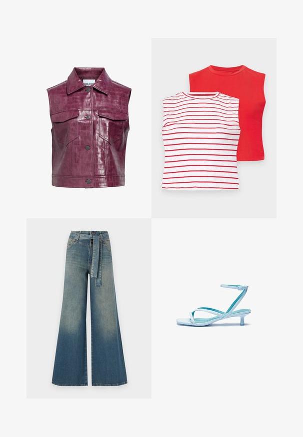 Burgunderfarget faux lærvest med krokodillestruktur, som har spiss krage, trykknapper foran og to brystlommer.; To skjorte med korte ermer: en rød ensfarget og en hvit med horisontale røde striper. Begge har rund halslinning og en myk bomullstekstur.; Bredde ben jeans med en lyseblå til mørkeblå gradient, høyt liv, beltehemper og et matchende belte i samme stoff. Teksturert denimoverflate.; Lys blå sandaler med stroppene, firkantet tå, lav hæl, justerbar ankelrem og glatt, blank overflate. Kryssete stropper på fotsengen.
