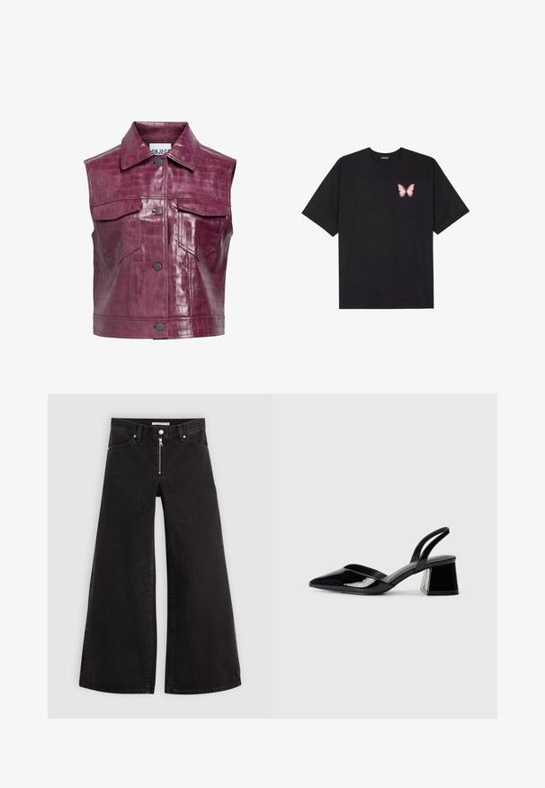 Bordeaux nepleer vest met een krokodillenstructuur, voorzien van een spitse kraag, voorste drukknoopjes en twee borstzakken.; Zwarte katoenen t-shirt met korte mouwen, voorzien van een kleine roze vlinder graphic op de linkerkant van de borst. Crew neck ontwerp met een relaxte fit.; Wijdvallende jeans van zwarte denim met een ritssluiting aan de voorkant, vijf zakken en subtiele stikdetails. Soepele textuur en casual stijl.; Zwarte gepatineerde leren slingback hakken met een spitse neus en een geometrische blokhak. Kenmerkt zich door een slank, minimalistisch ontwerp en een gladde textuur.