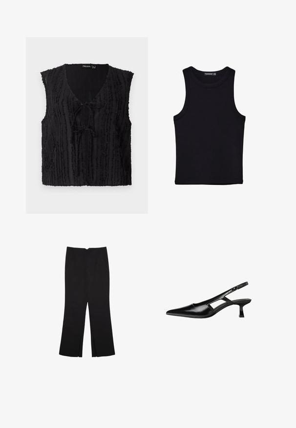 Svart ärmlös top med V-ringning, texturerade vertikala linjer och knytdetalj framtill. Tillverkad av lätt, något genomskinlig tyg.; Svart linne i bomull, med rund halsringning och breda armhål. Slät yta med sydda fållar. Klassisk, minimalistisk design.; Svarta byxor med rak passform, utrustade med framfickor och sidoklyvningar vid fållen. Tillverkade av mjukt, slätt tyg. Lämpliga för olika tillfällen.; Svart lackläder slingback-klackar med spetsig tå, utskuren sidor och en liten fyrkantig klack. Slät textur med minimala accenter.