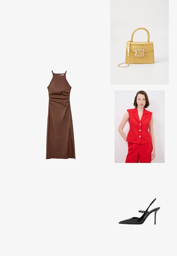 Roter ärmelloser Blazer mit Reverskragen, ausgestattet mit goldenen Knöpfen und seitlichen Taschen, kombiniert mit passenden roten Hosen. Glatte Textur.; Stradivarius HALTER - Etuikleid - dark brown; Schwarze Lackleder Slingback-High Heels mit spitzem Zeh, verstellbarem Riemen und Stiletto-Absatz. Glatte Oberfläche mit glänzendem Finish.; Gelbe Kunstleder-Handtasche im Krokodil-Look mit strukturiertem Design, Obergriff, abnehmbarem Kettenriemen und dekorativer Kristallverzierung am Verschluss.