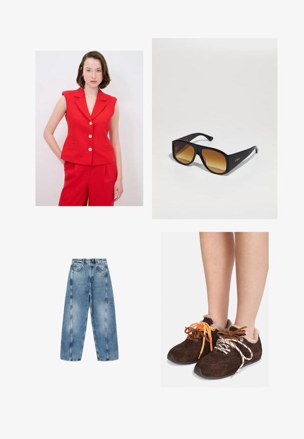 Roter ärmelloser Blazer mit Reverskragen, ausgestattet mit goldenen Knöpfen und seitlichen Taschen, kombiniert mit passenden roten Hosen. Glatte Textur.; Grauer, kürzerer Pullover aus weichem, flauschigem Material. Mit langen Ärmeln und rundem Ausschnitt, sowie einer glatten, leichten Textur.; Weißes Kurzarm-T-Shirt aus weicher Baumwolle, mit Rundhalsausschnitt und entspannter Passform sowie gerollten Säumen. Keine Muster oder Verzierungen.; Hellblaue Denim-Jeans haben eine lockere Passform, große Taschen und kontrastierende Nähte. Der Stoff hat eine ausgeblichene Optik mit einer glatten Textur.; Braune Wildleder-Slipper mit Fellfutter, die barfuß getragen werden, mit unpassenden Schnüren: eine orange und eine weiße mit schwarzen Streifen.; Schwarze rechteckige Sonnenbrille mit braunen Verlaufslinsen. Hergestellt aus Plastik, mit einer glatten Oberfläche und einem dezenten goldenen Logo am Bügel.