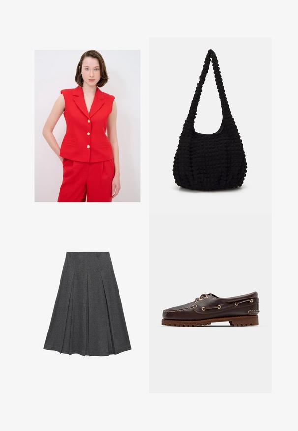 Roter ärmelloser Blazer mit Reverskragen, ausgestattet mit goldenen Knöpfen und seitlichen Taschen, kombiniert mit passenden roten Hosen. Glatte Textur.; Gekürzte Shirt-Bluse mit blauen und weißen vertikalen Streifen und strukturiertem Finish, spitzem Kragen und einknöpfbaren Manschetten.; Grauer, plissierter Rock mit ausgestellt Form, aus weichem Stoff. Verfügt über vertikale Falten und einen glatten Bund für einen figurschmeichelnden Look.; Braune Lederbootsschuhe mit goldenen Ösen, runden Schnürsenkeln und einer strukturierten braunen Gummisohle. Verfügt über genähte Details und ein erhabenes Logo.; Schwarze, strukturierte Stofftasche mit einem einzigen gedrehten Griff, die eine puffige Form und ein gerafftes Oberflächendesign aufweist.