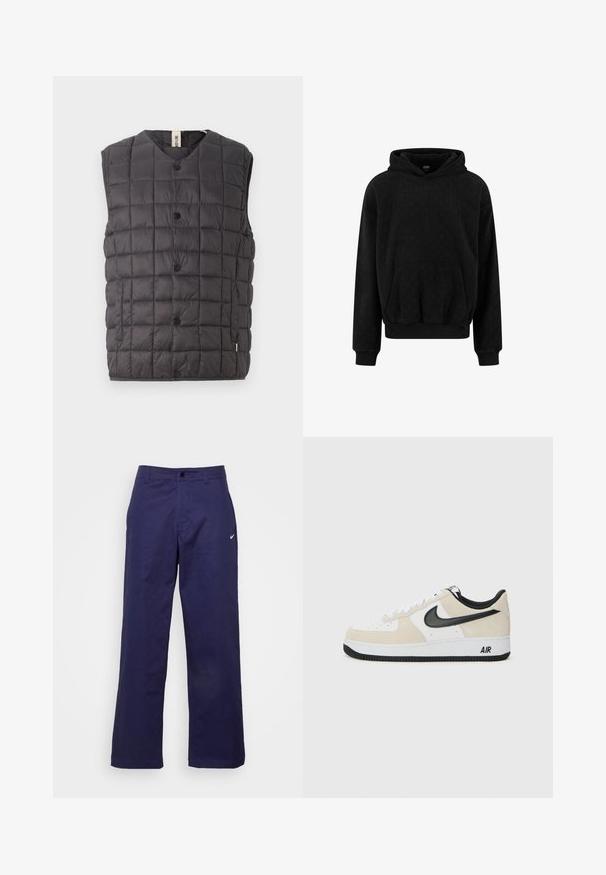 Only & Sons ONSGAVIN LIFE LIGHT QUILTED SNAP VEST - Vestă - phantom; Hanorac negru cu glugă, confecționat dintr-un material texturat, având un buzunar tip cangur și manșete și tiv cu nervuri. Design simplu, casual.; Nike Sportswear PANT  - Pantaloni - midnight navy/(white); Tenisi cu un superior din suede bej deschis și piele albă, swoosh Nike negru, accente negre și o talpă din cauciuc albă cu marcajul "AIR".