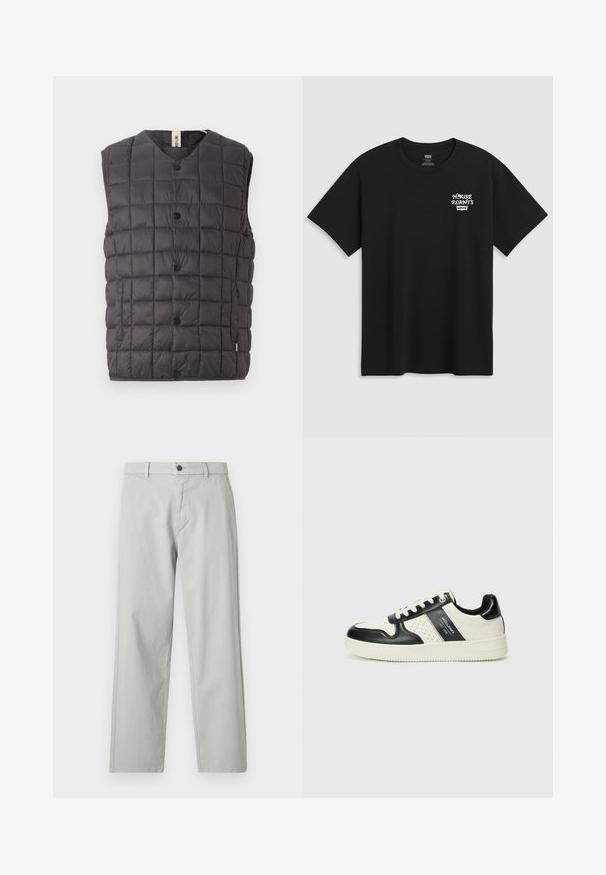 Only & Sons ONSGAVIN LIFE LIGHT QUILTED SNAP VEST - Waistcoat - phantom; Black cotton t-shirt featuring a chest print that reads "HOUSE PLANTS" in white stylized font with "Levi's" below. Classic crew neckline.; Light gray, straight-leg pants made of a smooth, woven fabric. Features a front button closure and side pockets. Minimalist style.; Leather sneakers with a black and cream color scheme, featuring perforated accents, a padded collar, and a textured outsole.