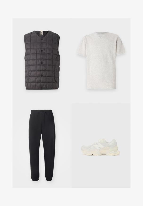 Only & Sons ONSGAVIN LIFE LIGHT QUILTED SNAP VEST - Waistcoat - phantom; Gray, short-sleeve t-shirt made of soft fabric. Features a classic crew neck and a relaxed fit with a subtle heathered texture.; Black sweatpants made of soft material with an elastic waistband, drawstring, and tapered cuffs, featuring a subtle logo on the side.; Lightweight sneaker featuring a mesh and suede upper in soft cream tones, with a chunky sole and three-dimensional accents.