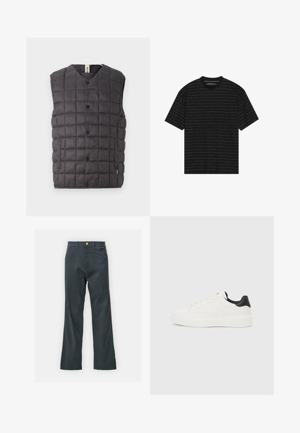 Only & Sons ONSGAVIN LIFE LIGHT QUILTED SNAP VEST - Vesta - phantom; Čierne tričko s krátkym rukávom, ktoré má tenké biele horizontálne pruhy. Vyrobené z mäkkej tkaniny s okrúhlym výstrihom a voľným strihom.; Čierne nohavice so straight leg strihom, vyrobené z bavlnenej zmesi. Majú kovové zapínanie a bočné vrecká. Bez viditeľných vzorov.; Biele kožené tenisky s embosovaným vzorom, štruktúrovanou bielou medzipodrážkou a čiernym akcentom na päte. Majú zaoblenú špičku a ploché šnúrky.