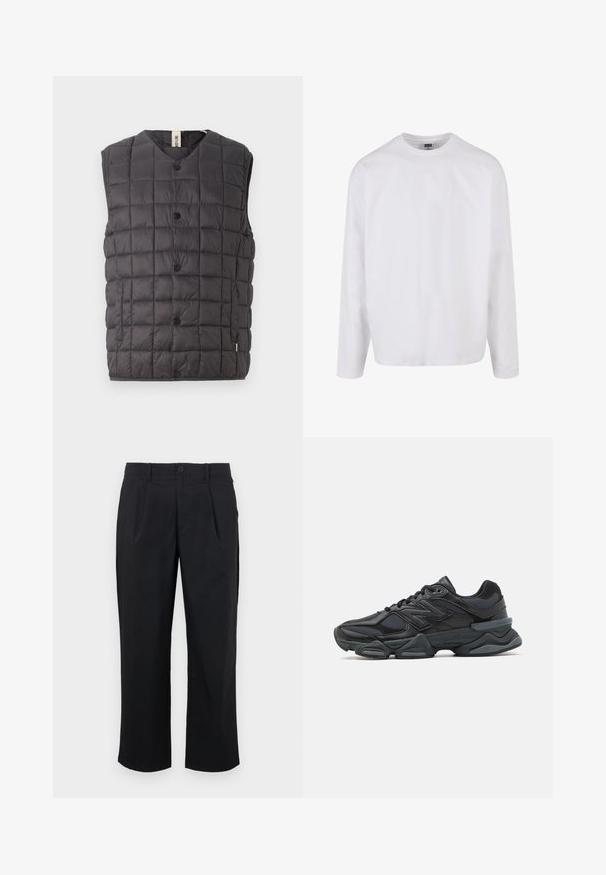 Only & Sons ONSGAVIN LIFE LIGHT QUILTED SNAP VEST - Mellény - phantom; Hosszú ujjú fehér pamut póló kerek nyakkivágással, laza szabással, látható minták vagy díszítések nélkül. Sima textúra.; Fekete nadrág egyenes szabással, elején redőkkel, gombos záródással és sima szövet textúrával.; Fekete futócipő, mely háló és szintetikus anyagok keverékéből készült, vastag talppal, ívelt kialakítással és hangsúlyos logóval az oldalon.