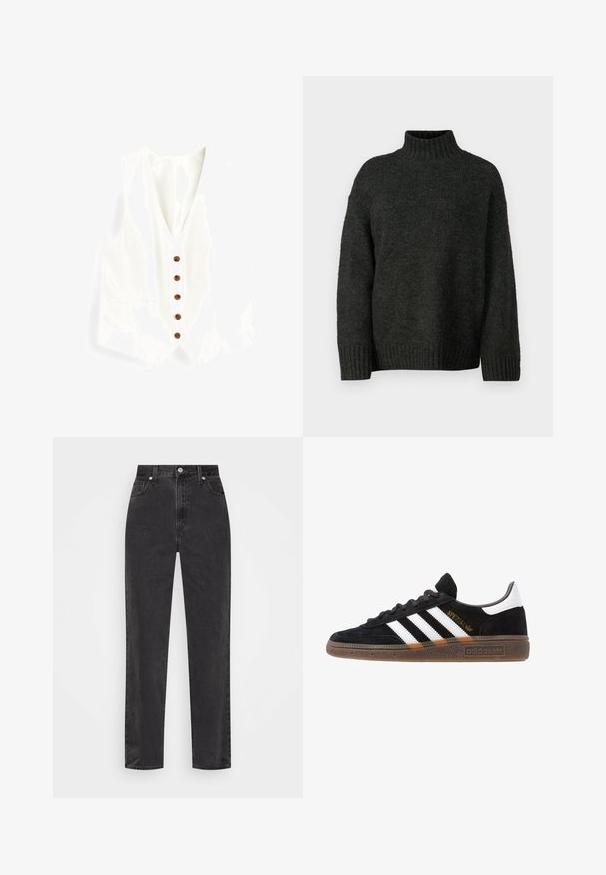 Bílá lněná vesta s výstřihem do V, která má šest hnědých knoflíků a dvě boční kapsy. Hladká textura a upravený střih.; Vero Moda Tall VMMADDIE HIGHNECK PULL - Svetr - dark grey melange; Černé džíny se rovnými nohavicemi a vysokým pasem, se zapínáním na knoflík a zip, a pěti kapsami na bílém pozadí.; Černé tenisky Adidas se bílými pruhy, zlatým textem "Spezial", gumovou podešví a bílou patní částí, zobrazené v bočním pohledu.